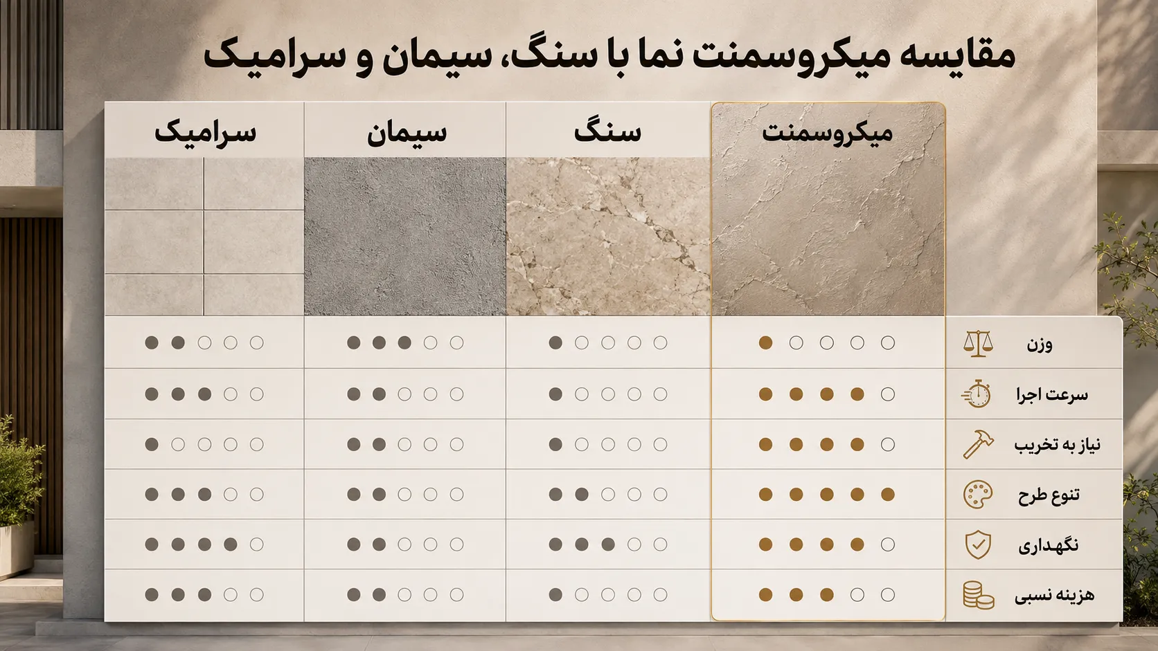 مقایسه میکروسمنت نما با سنگ، سیمان و سرامیک